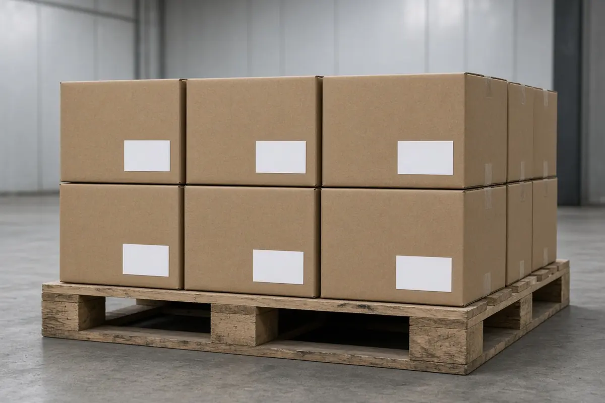 Example of plain cartons with blank white labels on a wooden pallet.