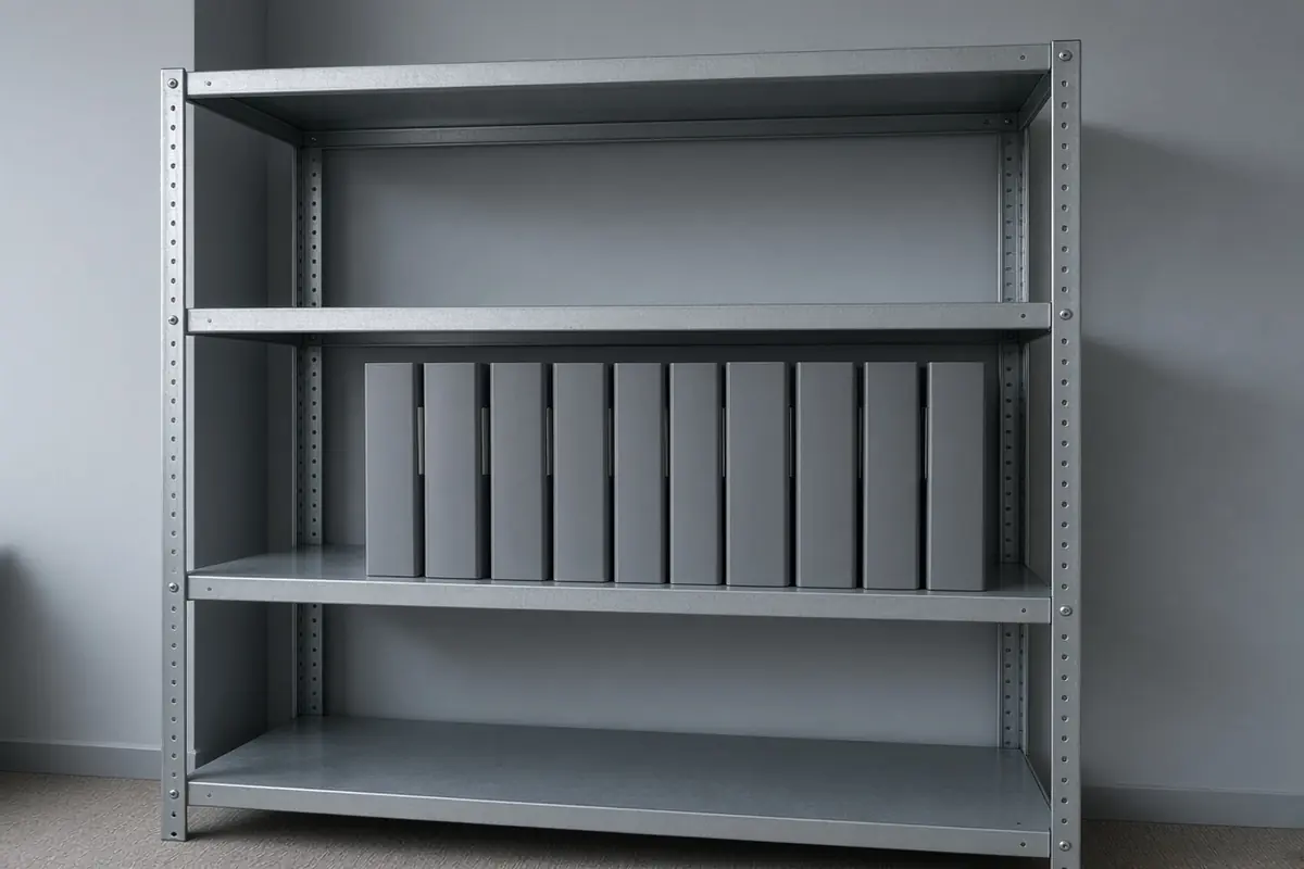 Example of unlabeled grey binders on a metal shelf.