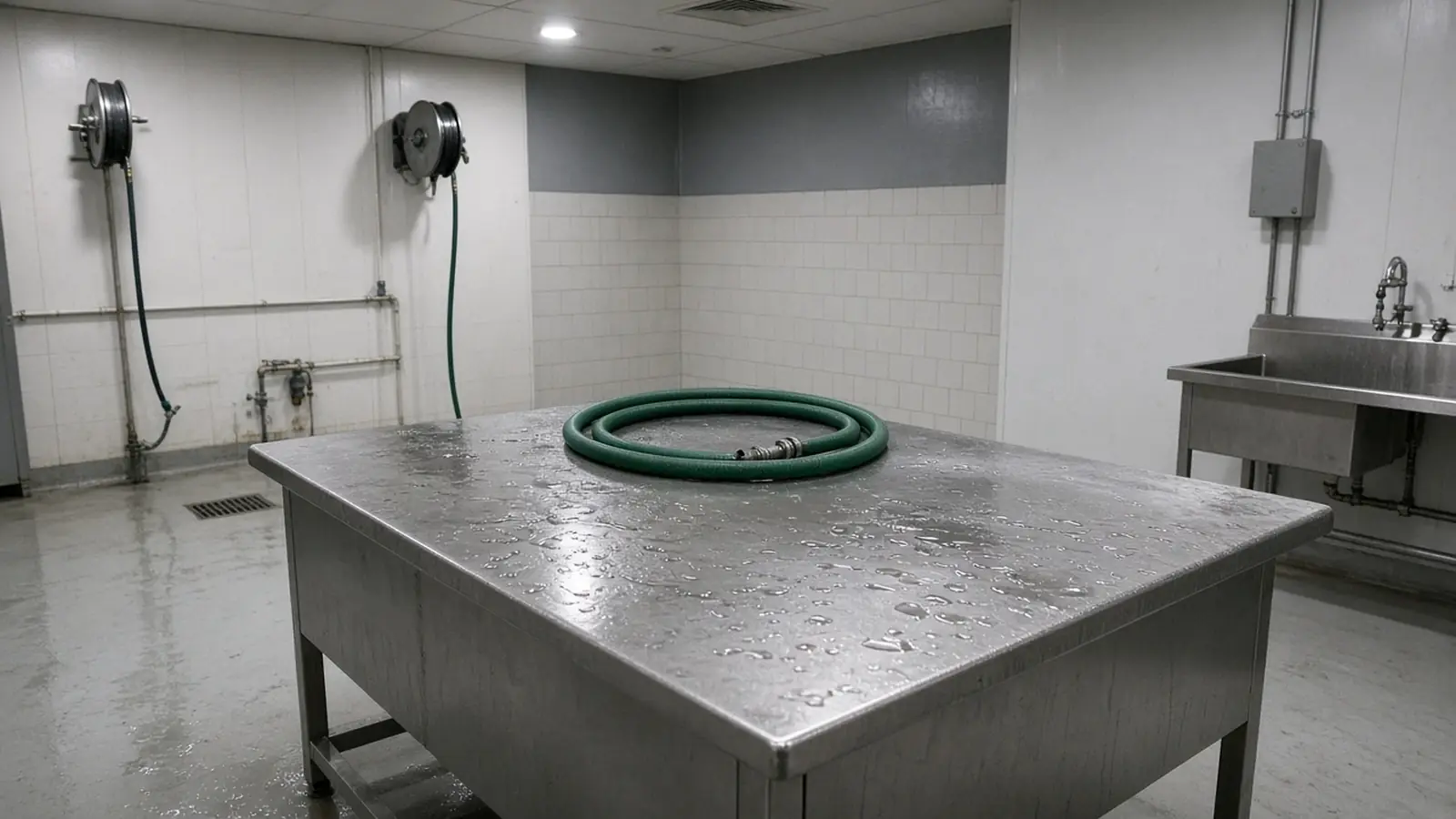 A wet stainless-steel table in a food room, with a green hose and no labels