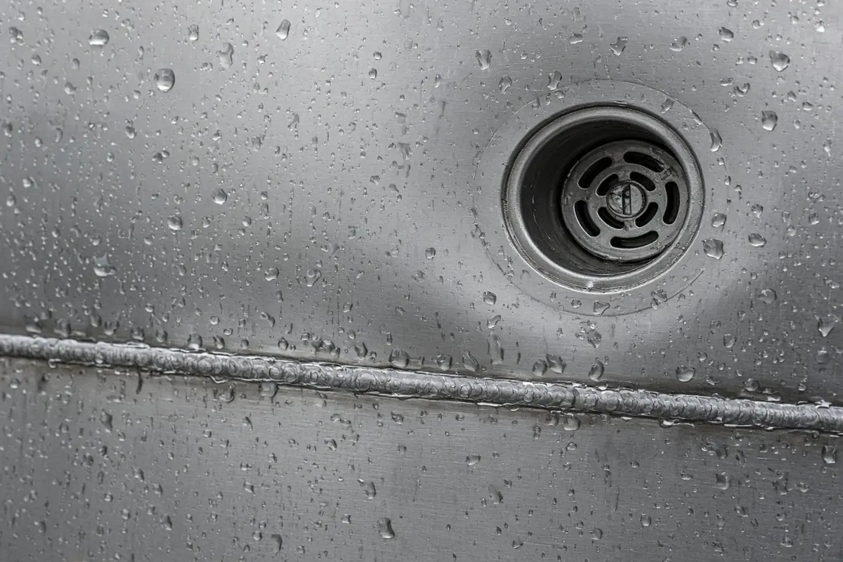 Wet stainless steel, a weld and a drain in food equipment