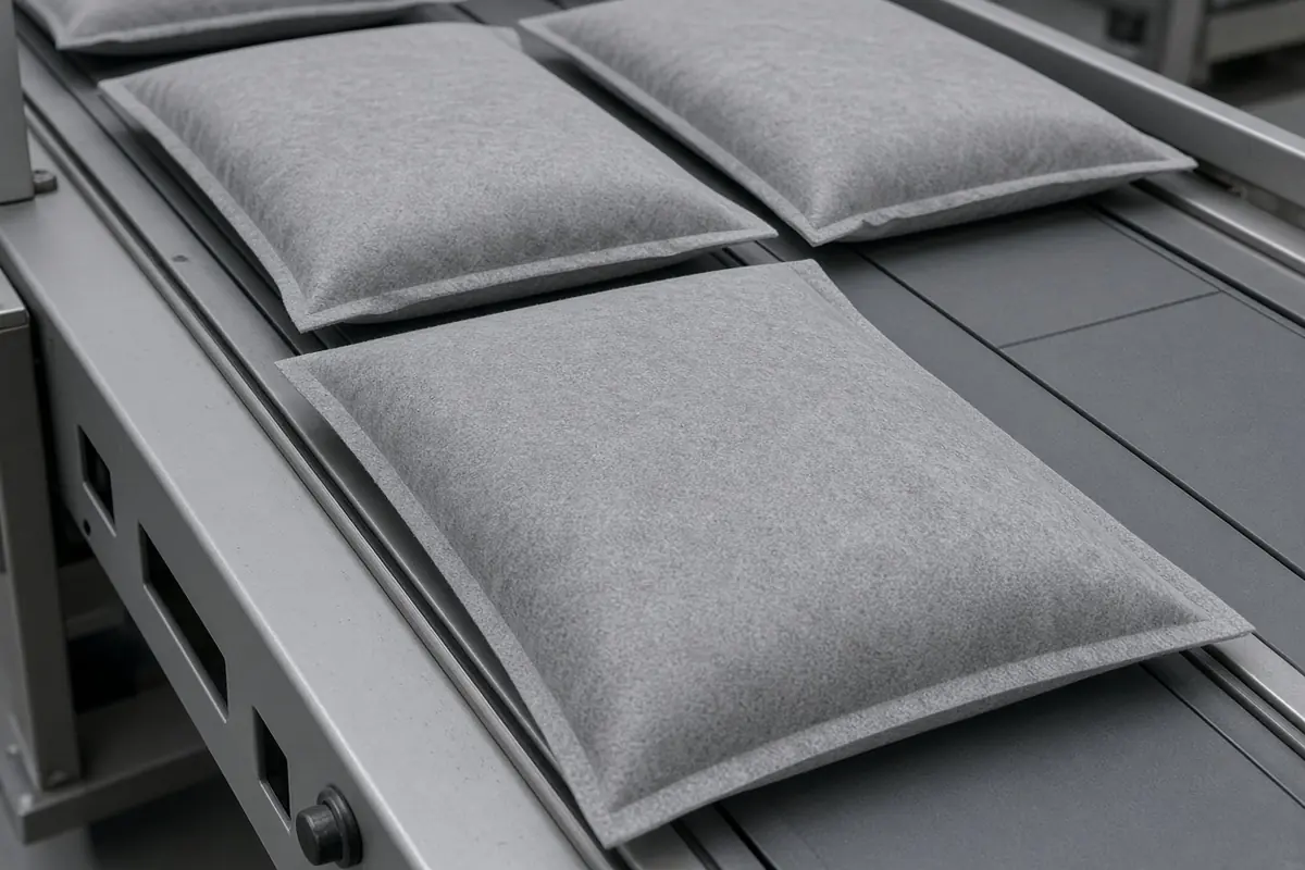 Unprinted pouches on a grey packaging conveyor