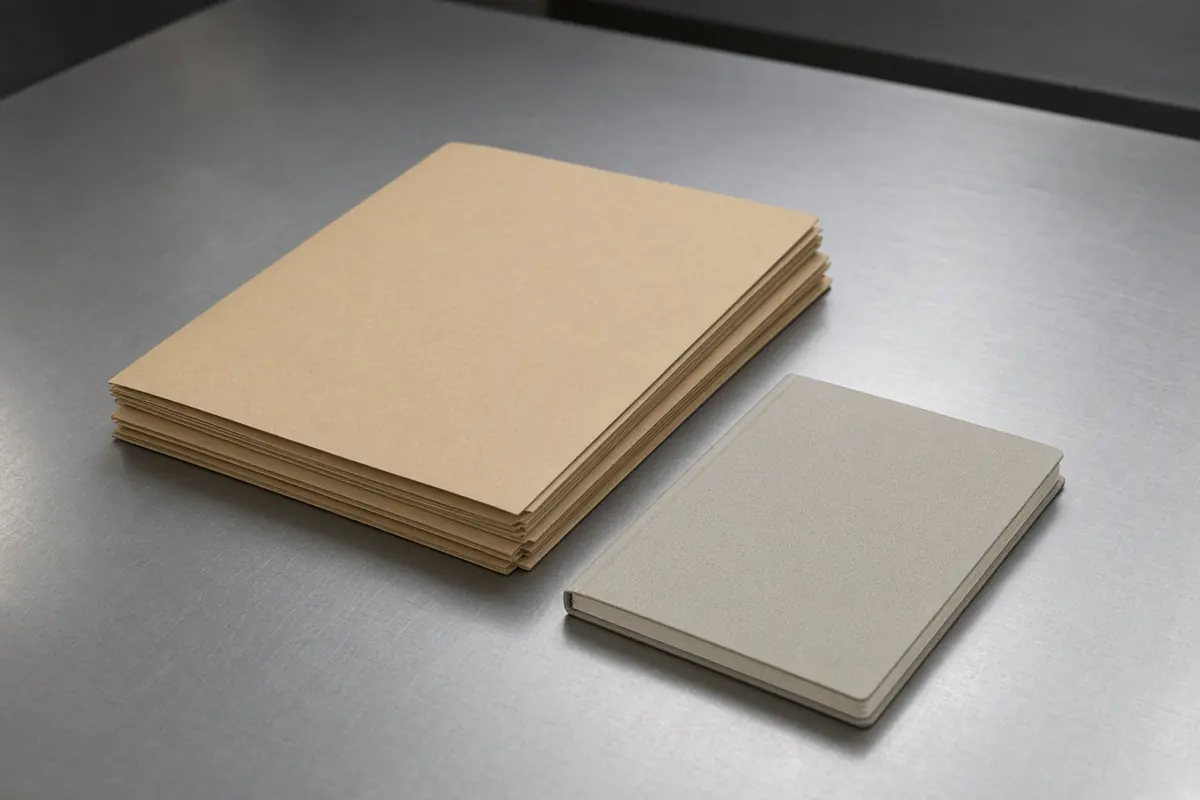Plain folders and a closed notebook on a stainless-steel table